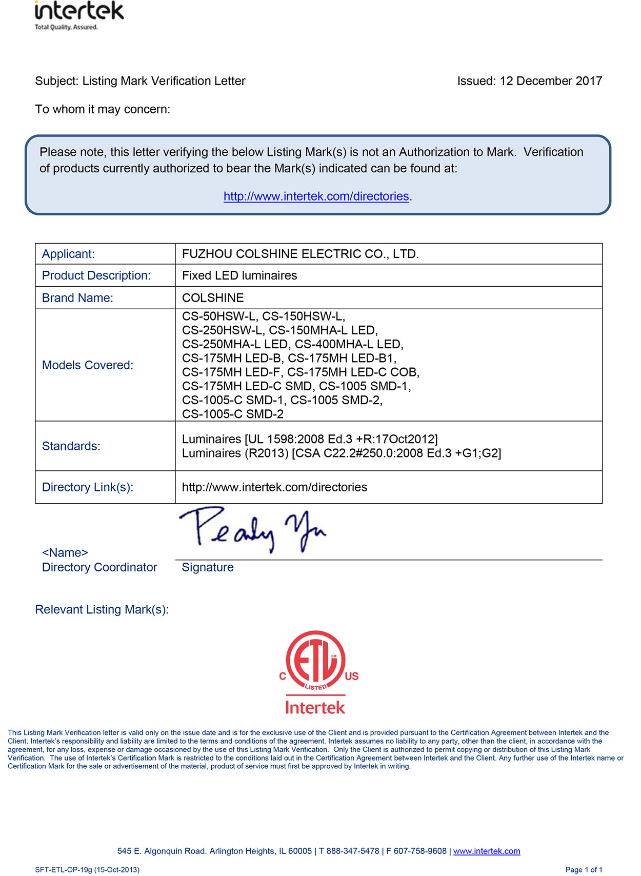 ETL for LED lighting