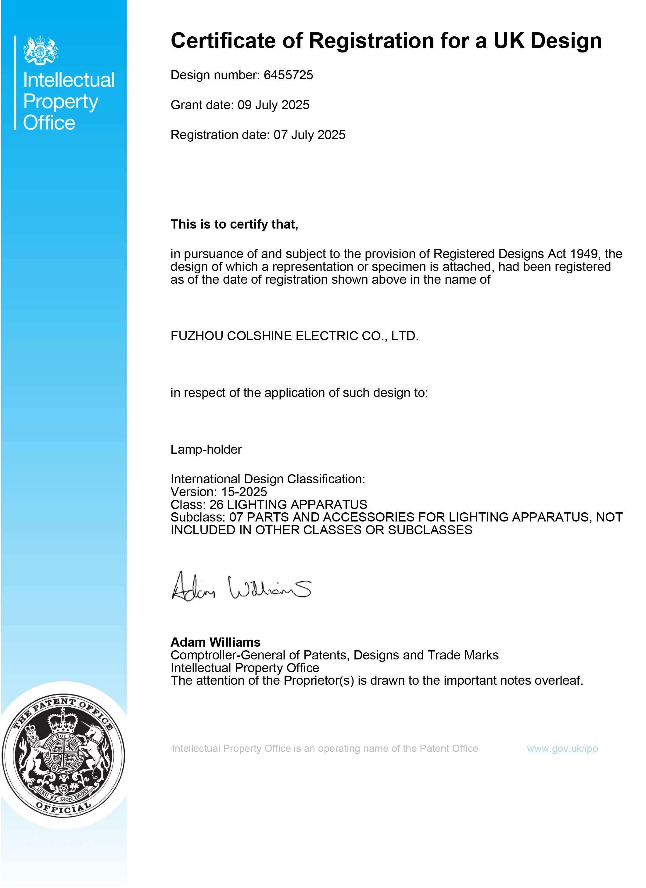 Patent in UK about the S14d Lampholder